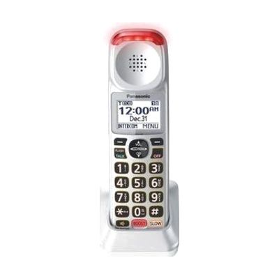 White cordless phone handset with large display screen, oversized keypad buttons, and wrist strap loop at bottom