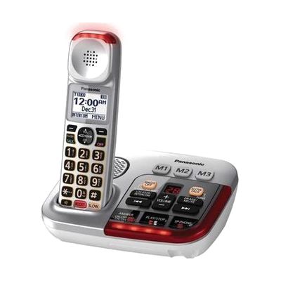 Silver cordless phone handset with large backlit keypad buttons, paired with a black charging base unit