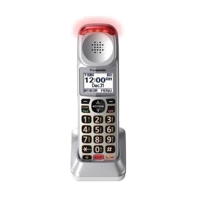Slim silver cordless phone handset with large keypad buttons and small display screen