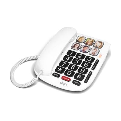 White desktop landline phone with six large square buttons arranged in a grid, each with a photo slot, plus a traditional han