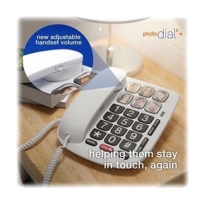 White corded desk phone with six large square photo buttons arranged in two rows, a standard handset, and a bright call-indic