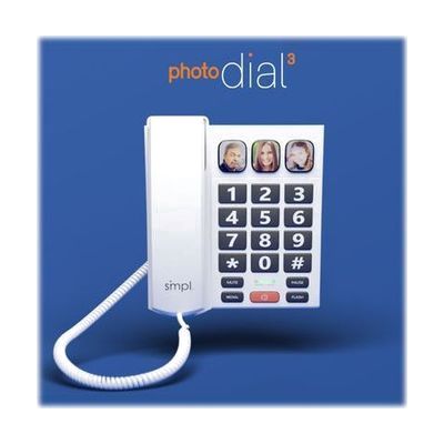 Square white desk phone with six large square photo-button slots arranged in a grid, small keypad below, approximately 8 inch