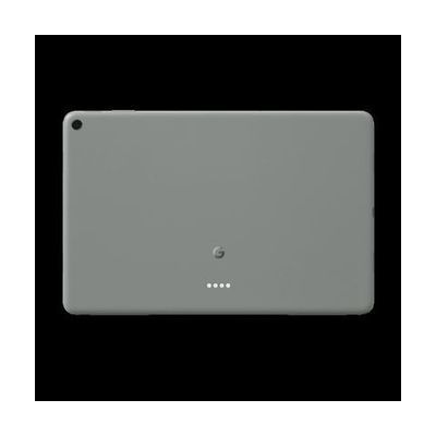 Rectangular Android tablet with rounded corners, light beige finish, front-facing camera, docked in a white speaker base unit
