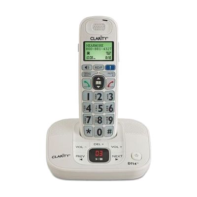 White cordless phone handset with oversized high-contrast black keypad buttons and a large LCD display, resting in a matching
