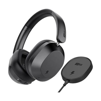 Over-ear wireless headphones in dark matte finish with cushioned ear cups and slim headband, shown with a circular magnetic c