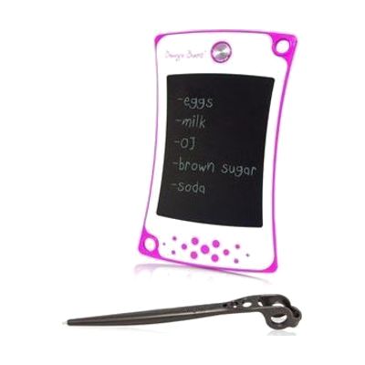 Small flat rectangular writing tablet in pink, approximately 4x6 inches, with a dark LCD writing surface and single erase but