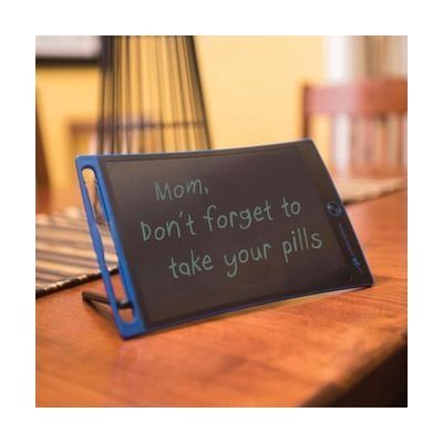 Thin rectangular blue-framed LCD writing tablet, approximately 8.5 inches, with dark writing surface and small erase button o