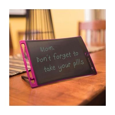 Thin rectangular pink LCD writing tablet, approximately 8.5 inches tall, with a dark writing surface and small erase button a