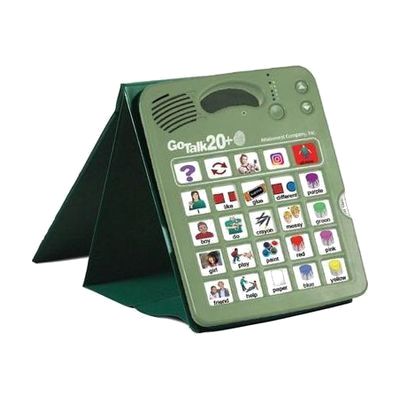 Green vinyl folder-style case open to reveal a stand position, sized to hold a small AAC device