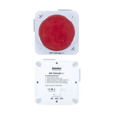 Three large round button communicators in red, blue, and green, each approximately 3.5 inches across with a clear plastic sna