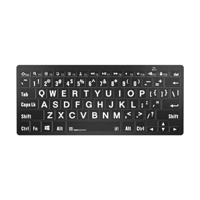 Compact wireless keyboard with black keys and bold white high-contrast lettering, approximately 11 inches wide