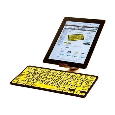Compact wireless keyboard with bright yellow keys and bold black letters, approximately 11 inches wide and under 1 inch thick