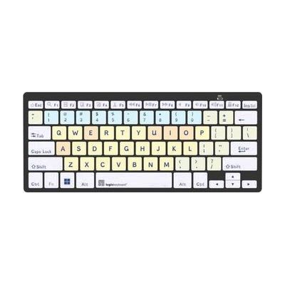 Compact wireless keyboard with white keycaps printed in a rounded dyslexia-friendly font, color-coded key groups visible