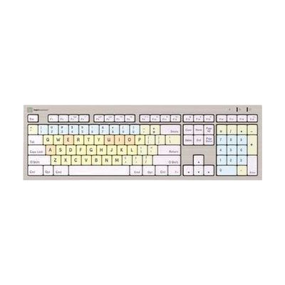 Full-size Mac keyboard with color-coded keys in multiple pastel colors, printed in the Dyslexie font