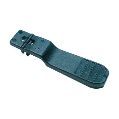 A black plastic zipper pull with a ridged tab at one end and a hinged clip at the other.