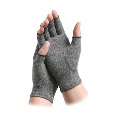 Pair of fingerless compression gloves in beige fabric with open fingertips and snug wrist fit