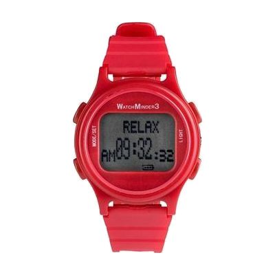 Red sport-style digital wristwatch with rectangular LCD screen and rubberized band