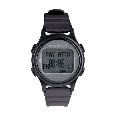 Black sports-style wristwatch with rectangular digital display and rubber band, similar in size to a standard digital watch
