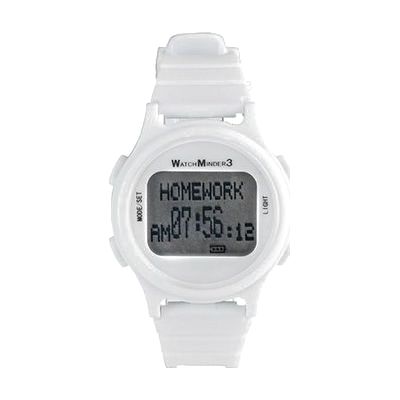 White digital sports watch with rectangular LCD display and side buttons, standard wristband width