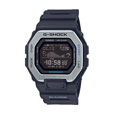 Black Casio G-Shock digital watch with large rectangular face, thick resin case and band, stainless steel bezel