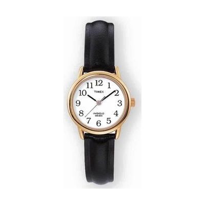 Small round gold-tone watch with white dial, large black Arabic numerals, and black leather strap — 25mm case diameter