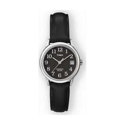 Small round silver-tone watch with black dial, large white Arabic numerals, and black leather strap, 25mm case