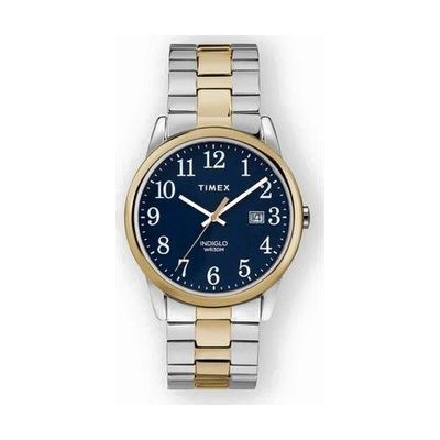 Round 38mm two-tone stainless steel watch with blue dial, large numerals, date window, and metal expansion band