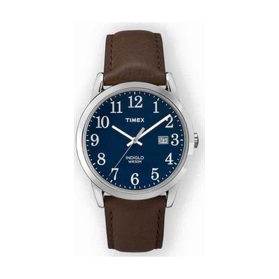 Round 38mm analog watch with blue dial, large Arabic numerals, silver-tone brass case, and brown leather strap