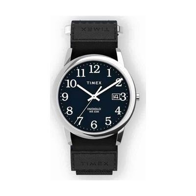 Round 35mm silver-tone watch with white dial, Arabic numerals, and blue hook-and-loop fabric strap