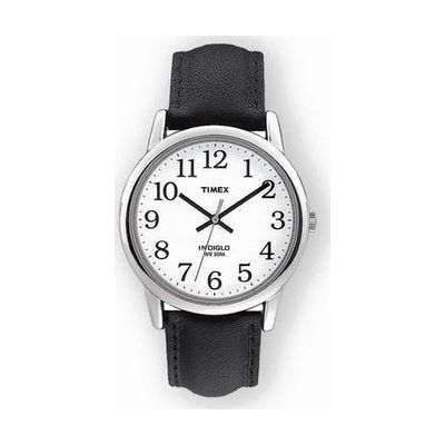 Round silver-tone watch with white dial, large black Arabic numerals, black leather strap, 35mm case