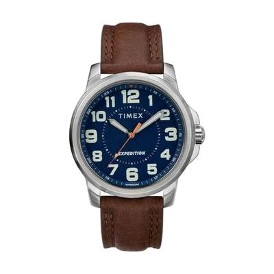Round-faced analog watch with dark dial, luminous hands, and black resin sport strap, approximately 43mm case