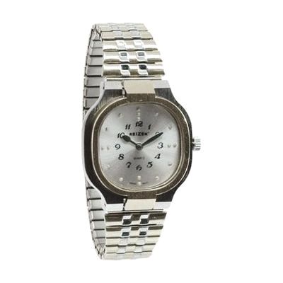 A silver wristwatch with a square face, raised braille dots and numerals, and a metal expansion band.