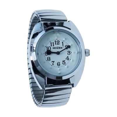 A wristwatch with a round white face, black numerals and raised braille dots, on a silver expansion band.