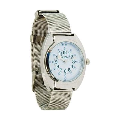 A wristwatch with a round chrome case, blue dial with raised braille markers, and a silver mesh band.