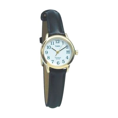 Women's analog watch with gold-tone case, white dial, leather band, and clear numerals
