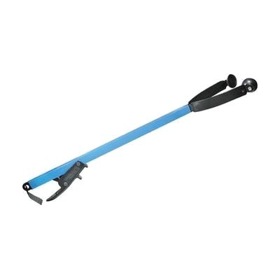 Blue plastic reacher tool approximately 23 inches long with pistol-grip handle and wide rubber-tipped jaw at the end