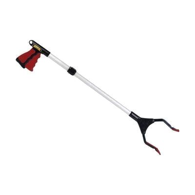 Slim aluminum reacher with ergonomic pistol-grip handle and wide plastic jaws, shown collapsed to compact length
