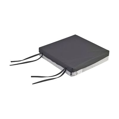 Rectangular foam seat cushion in gray or blue cover, approximately 20 by 18 inches, with a fitted stretch fabric cover