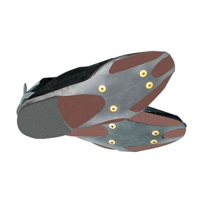 Stretchy black rubber traction device with small metal spikes on the sole, sized to fit over large shoes or boots