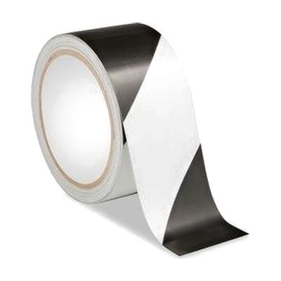 A roll of black and white diagonally striped tape with a partially unrolled section curling forward.