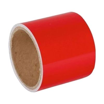 Roll of 3-inch-wide red reflective adhesive tape, partially unrolled showing glossy reflective surface