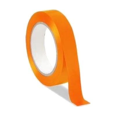 A roll of fluorescent orange tape with a white core, shown standing on end with a short length unrolled.