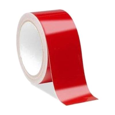 A roll of red tape with a glossy surface and a white cardboard core, with a strip unrolled beside it.