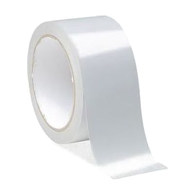 A roll of white tape with a tan cardboard core, shown partly unrolled with a length extending outward.