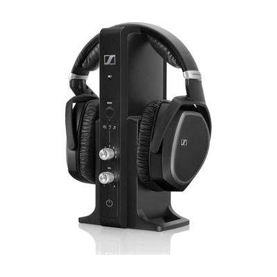 Over-ear wireless headphones in black and silver with padded earcups, shown with a rectangular charging transmitter dock
