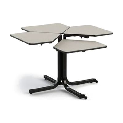 Square four-person table with four individual wood-laminate tabletop sections extending outward from a central steel frame, b