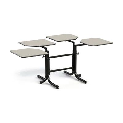 Large rectangular table with four separate adjustable tabletop sections extending outward from a central steel frame, natural