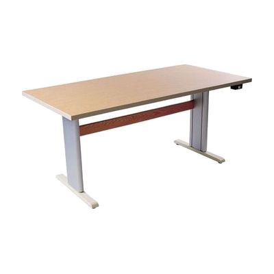 Large rectangular laminate-top table with powder-coated steel legs and motorized height-adjustment mechanism, approximately 6