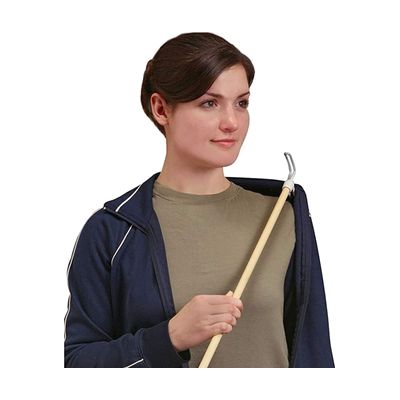 Wooden stick approximately 24 inches long with a small metal hook on one end and a vinyl-coated hook on the other