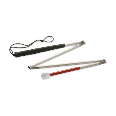 White folding cane in four sections with red stripe near tip, folded compact; marshmallow-style rounded nylon tip visible